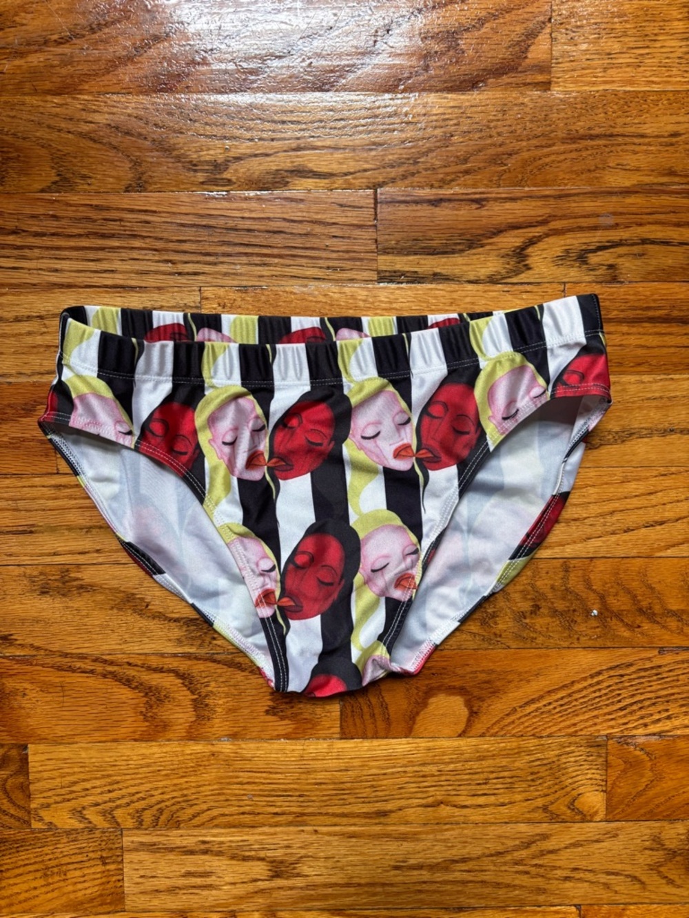 Men's Striped Swim Brief with Red & Pink Face Print